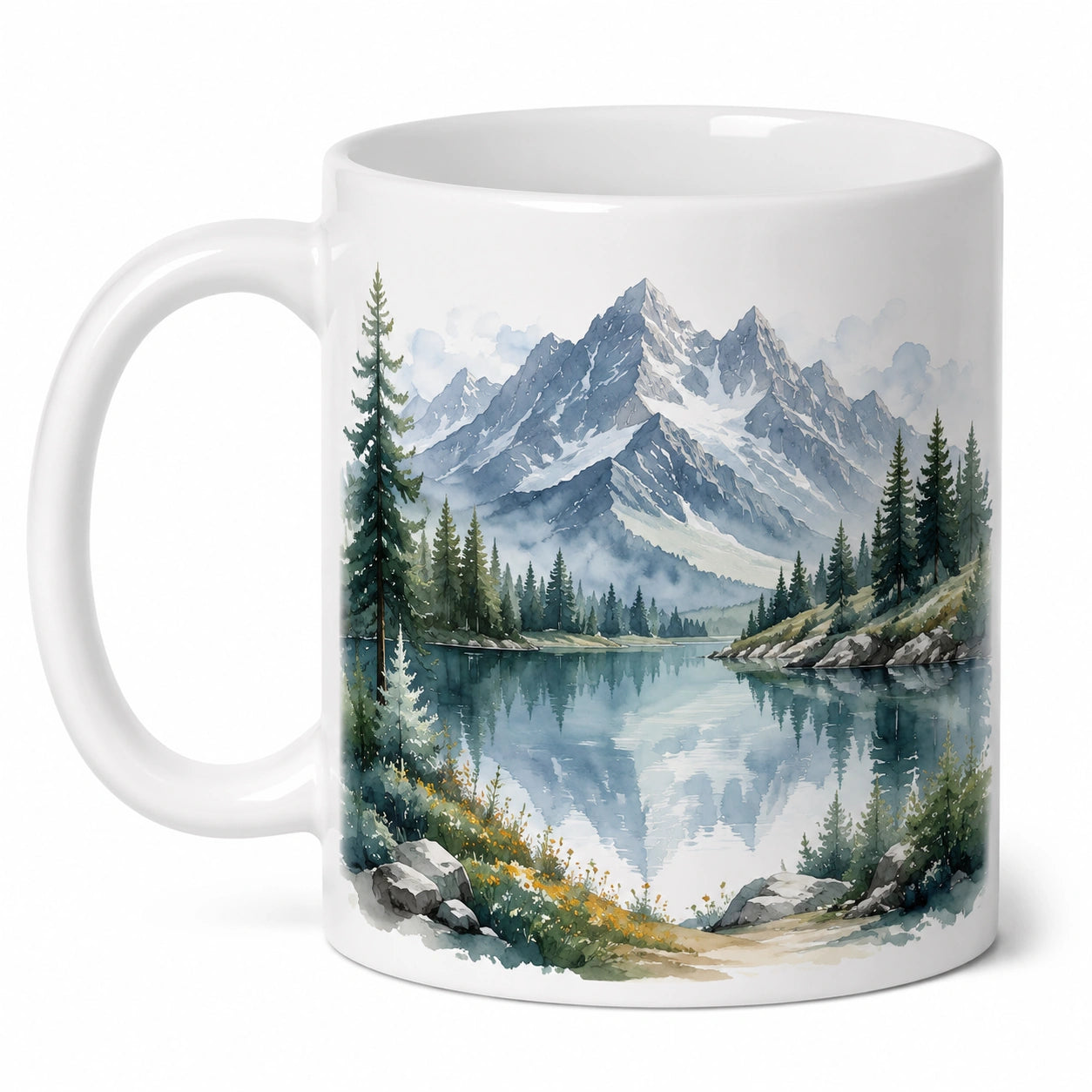 Weiße Keramiktasse mit Alpenlandschaftsmotiv 350ml