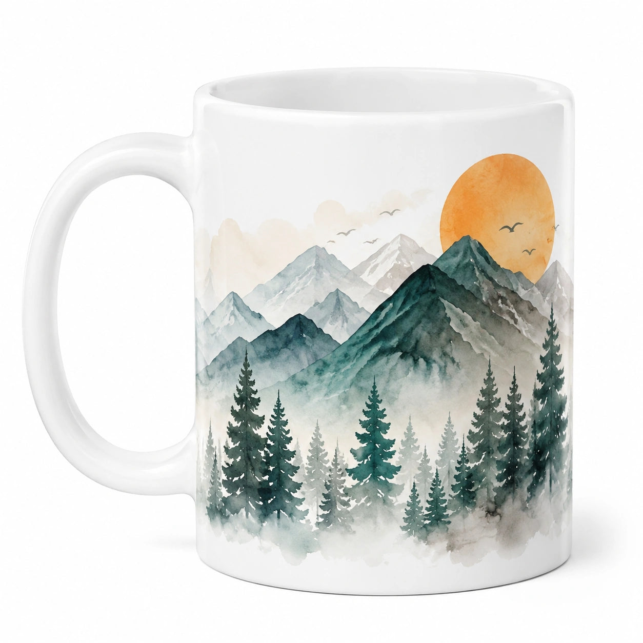Keramiktasse mit Berglandschaftsmotiv, 350ml, Weiß/Grün/Orange