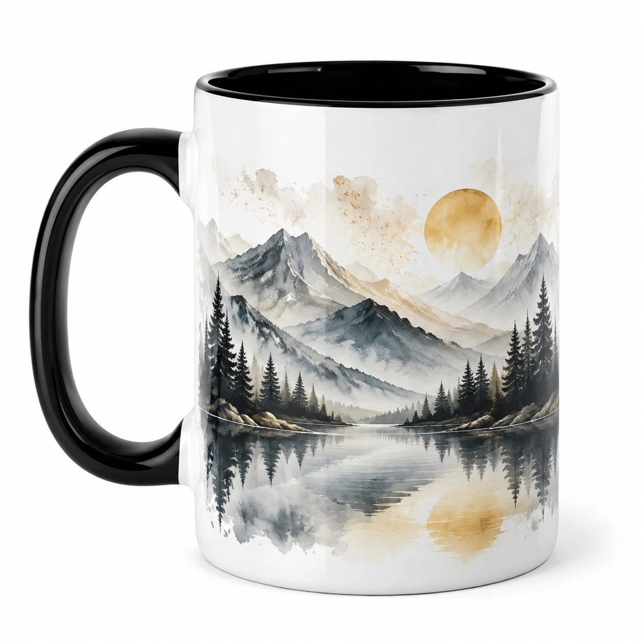 Keramikbecher mit Berglandschaftsmotiv, Schwarz und Weiß