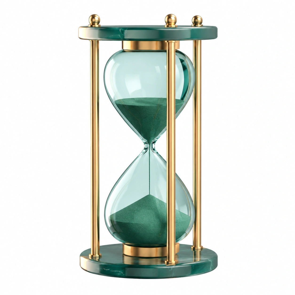 Sanduhr mit grünem Sand und Messingrahmen, Dekoration Grün/Gold