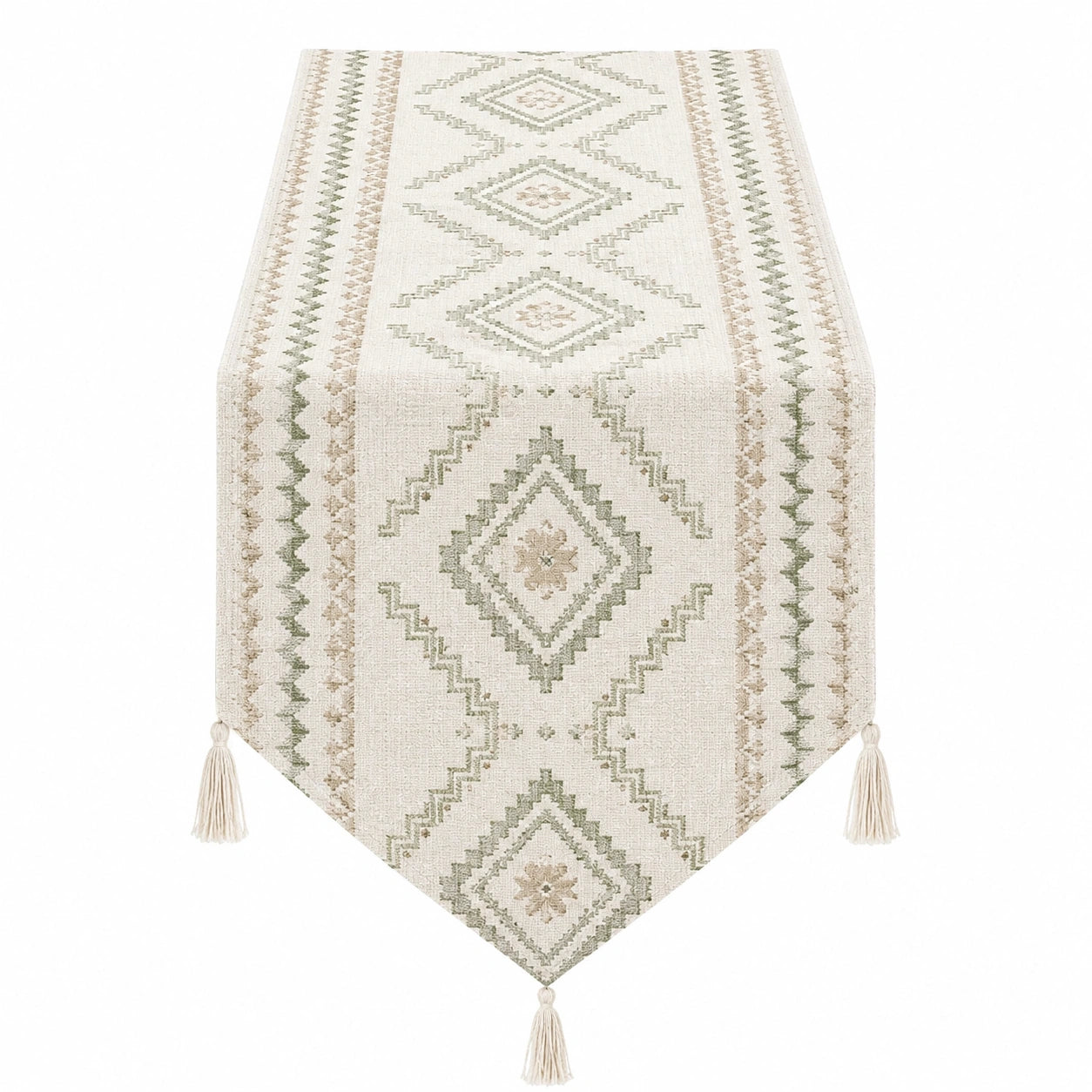 Geometrischer Tischläufer mit Quasten in Beige und Grün